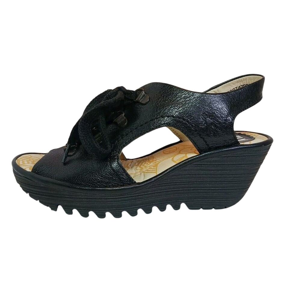 $165 Fly London YLFA Black Leather Platform Wedge Sandals Size 7.5 US 38 EU NEW - Picture 2 of 8